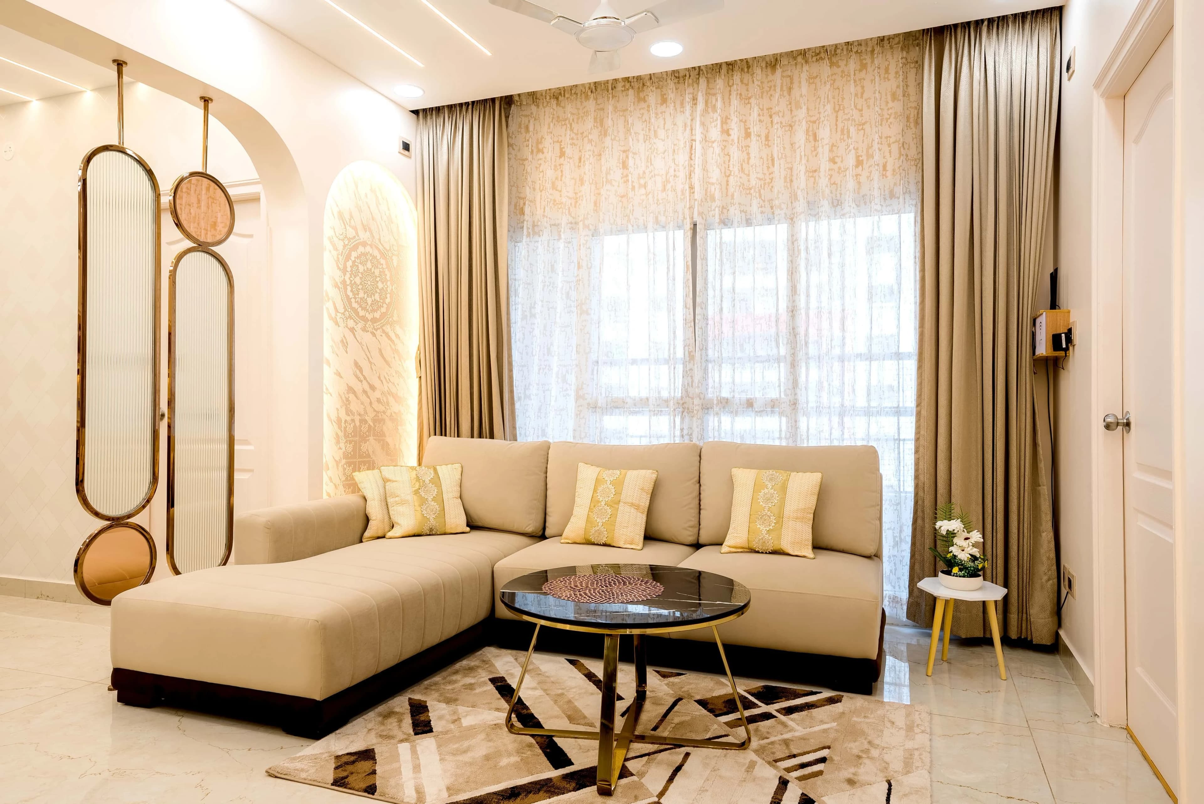 Warm contemporary living room in a completed family home