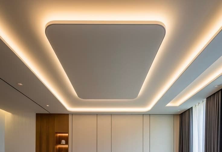 Double-layer false ceiling with rounded corners and warm cove lighting
