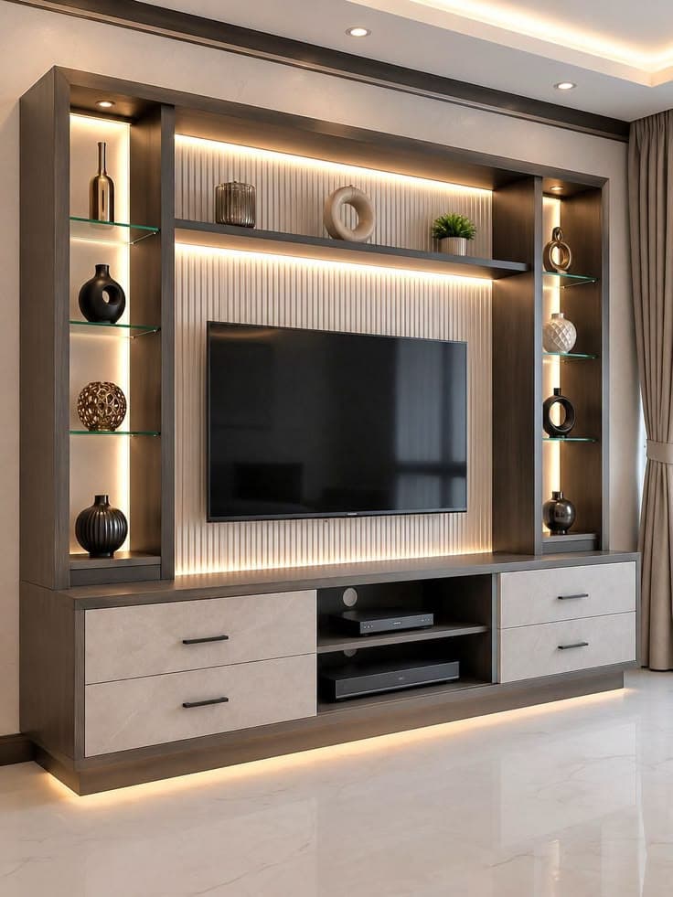TV unit framed by illuminated open display shelves and lower drawers