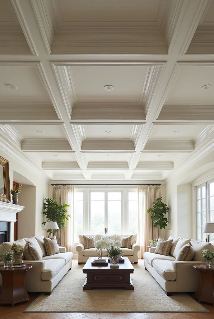 Classic white coffered ceiling in a formal living room