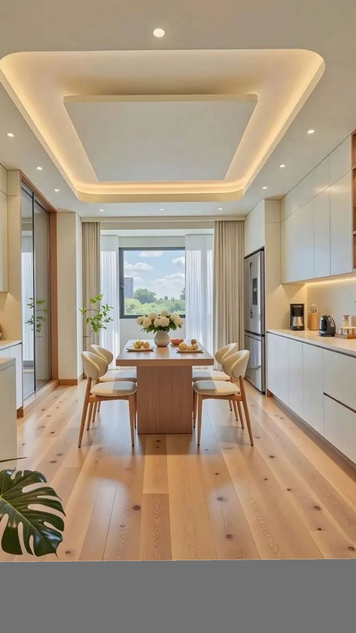 Modern gypsum tray ceiling with spotlights above a dining area