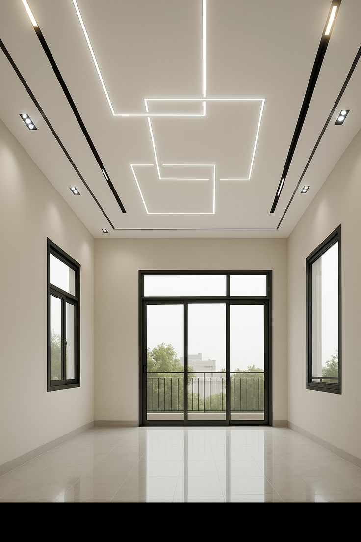 Minimal single-level false ceiling with geometric linear lights