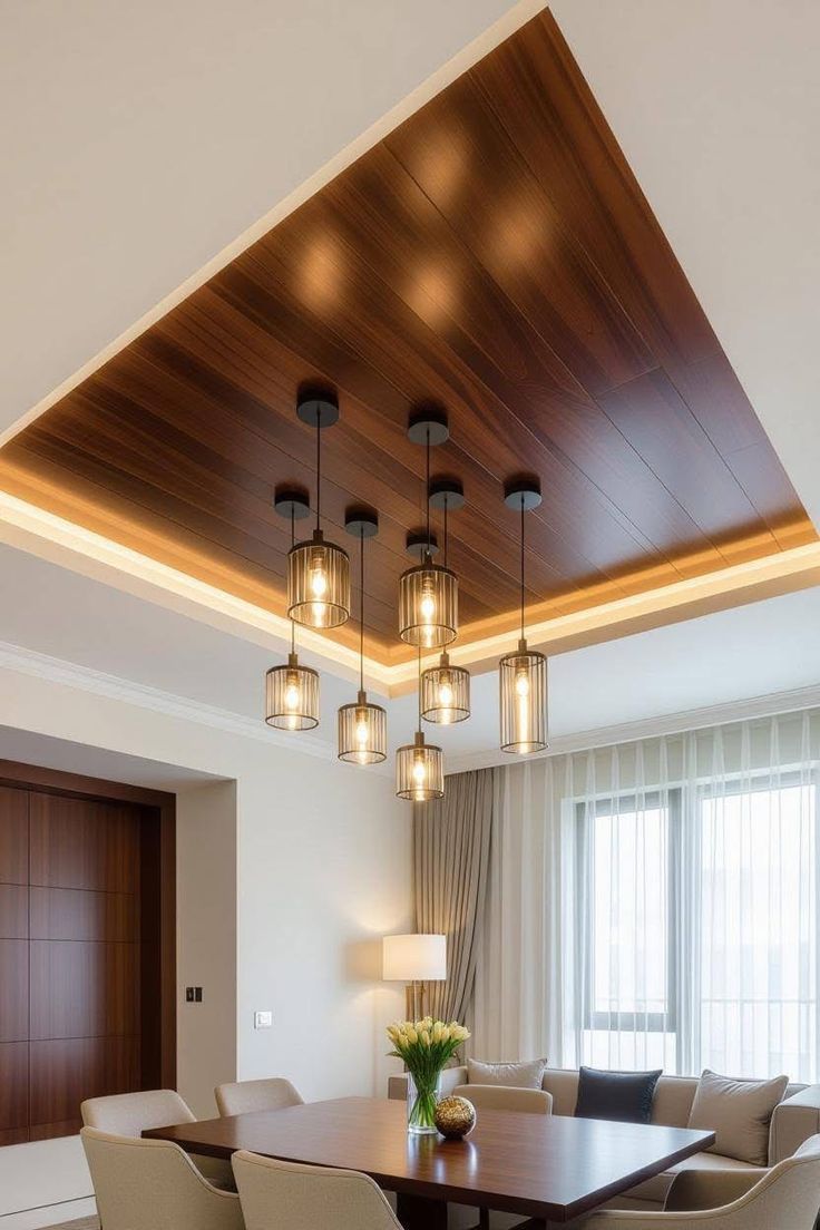 Warm wooden inset ceiling with a cluster of pendant lights