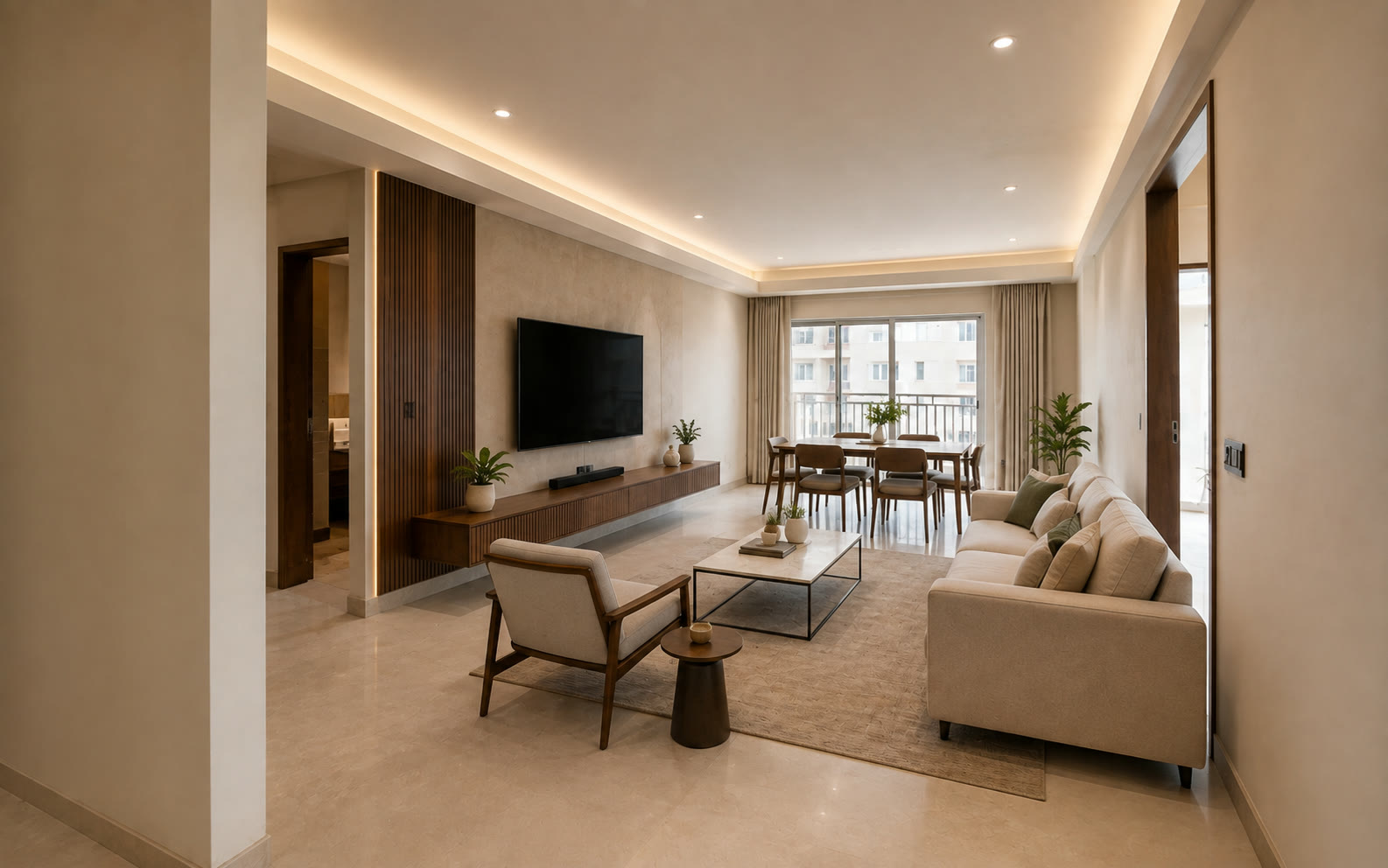 The same living room after complete interior design and execution