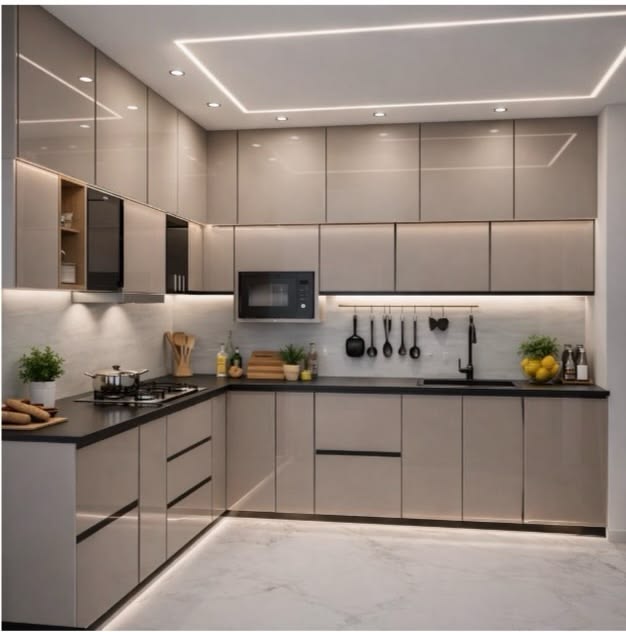 Modern L-shaped modular kitchen with counters on two adjoining walls