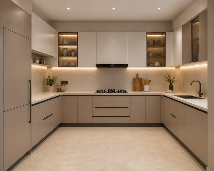 Modern U-shaped modular kitchen with storage and counters on three sides