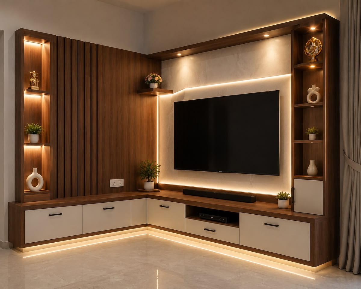 L-shaped illuminated corner TV unit with cabinets and display shelves