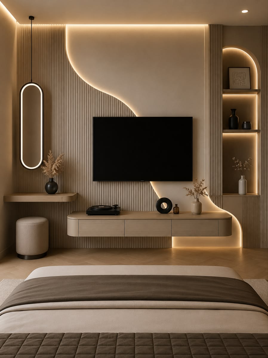 Floating TV unit with a curved illuminated panel and fluted wall backdrop