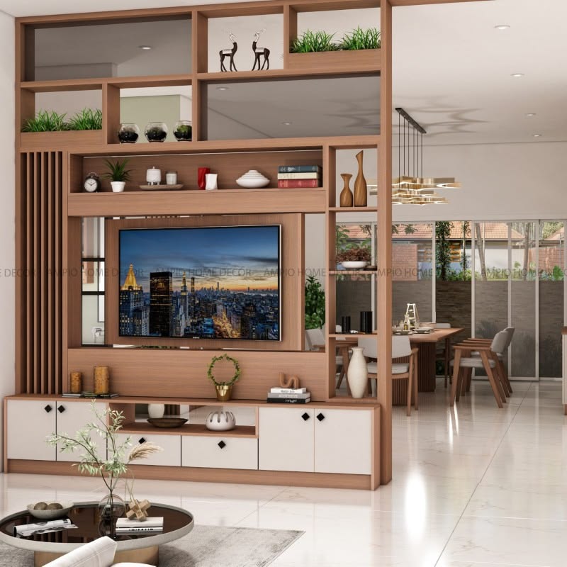 Open timber partition TV unit separating living and dining areas