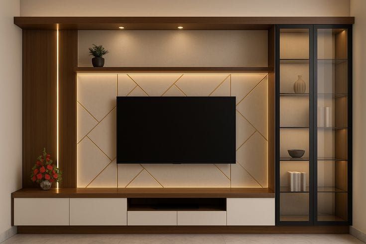 Full-width TV unit with drawers, cabinets and an illuminated display tower