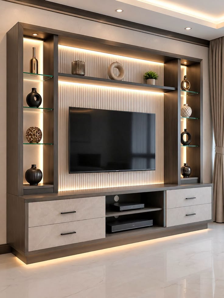 TV unit framed by illuminated open display shelves and lower drawers