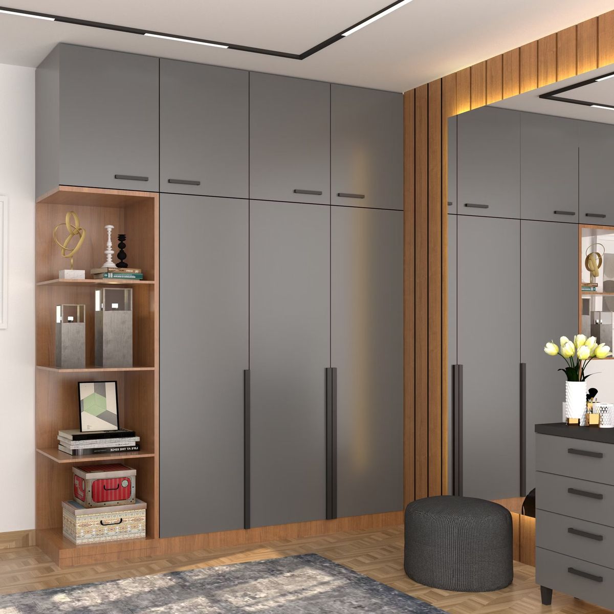 Floor-to-ceiling grey hinged wardrobe with overhead storage and open display shelves