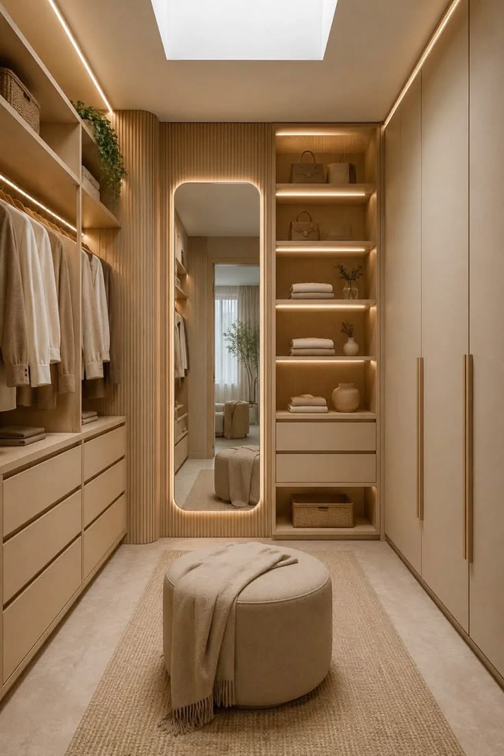 Warm walk-in wardrobe with open hanging storage, illuminated shelves and a dressing mirror
